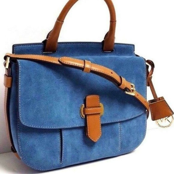 MICHAEL KORS ROMY DENIM BLUE BROWN LARGE CROSSBODY MESSENGER BAG LEATHER NWT